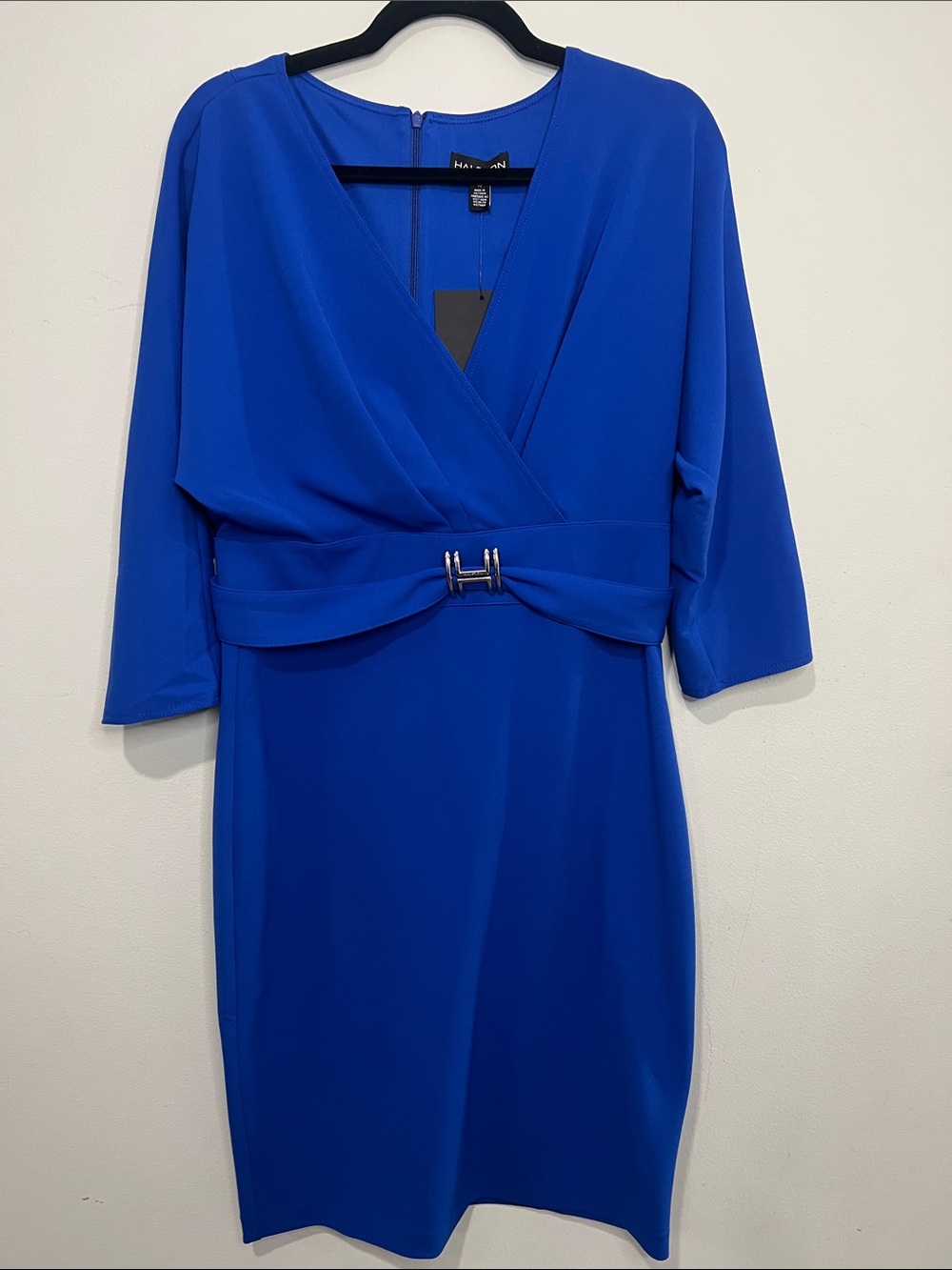 Halston Cobalt Blue V-Neck Belted Sheath Dress